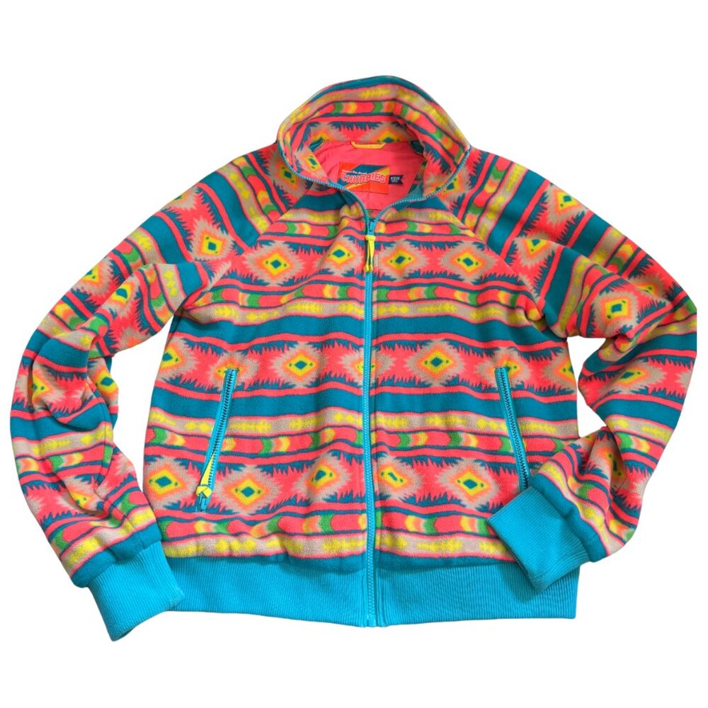 CHUBBIES Medium Men's Full Zip Fleece Jacket Neon Aztec Print NWoT